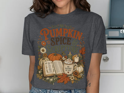 Dark gray t-shirt with "Pumpkin Spice & Scripture" text and fall harvest design.