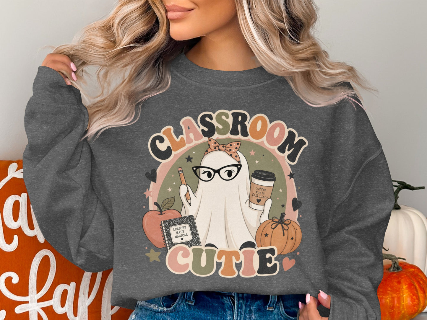 Ghost wearing glasses and bow holding pencil and coffee cup with text Classroom Cutie.