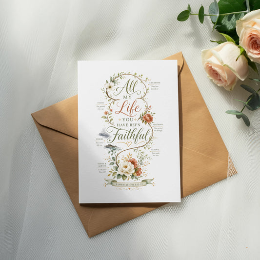 Card with floral wreath design featuring text about faithful love through life's stages.