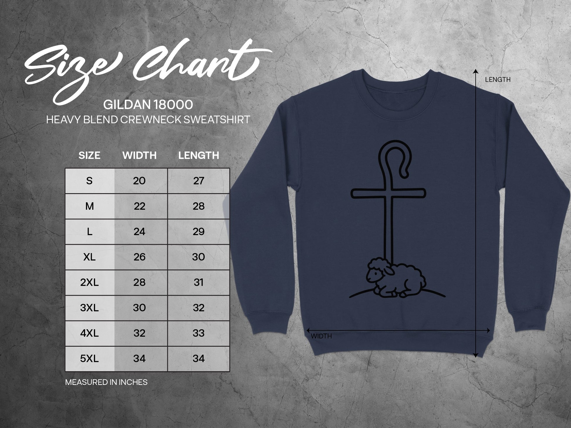 Gildan 18000 Heavy Blend Crewneck Sweatshirt size chart with measurements.
