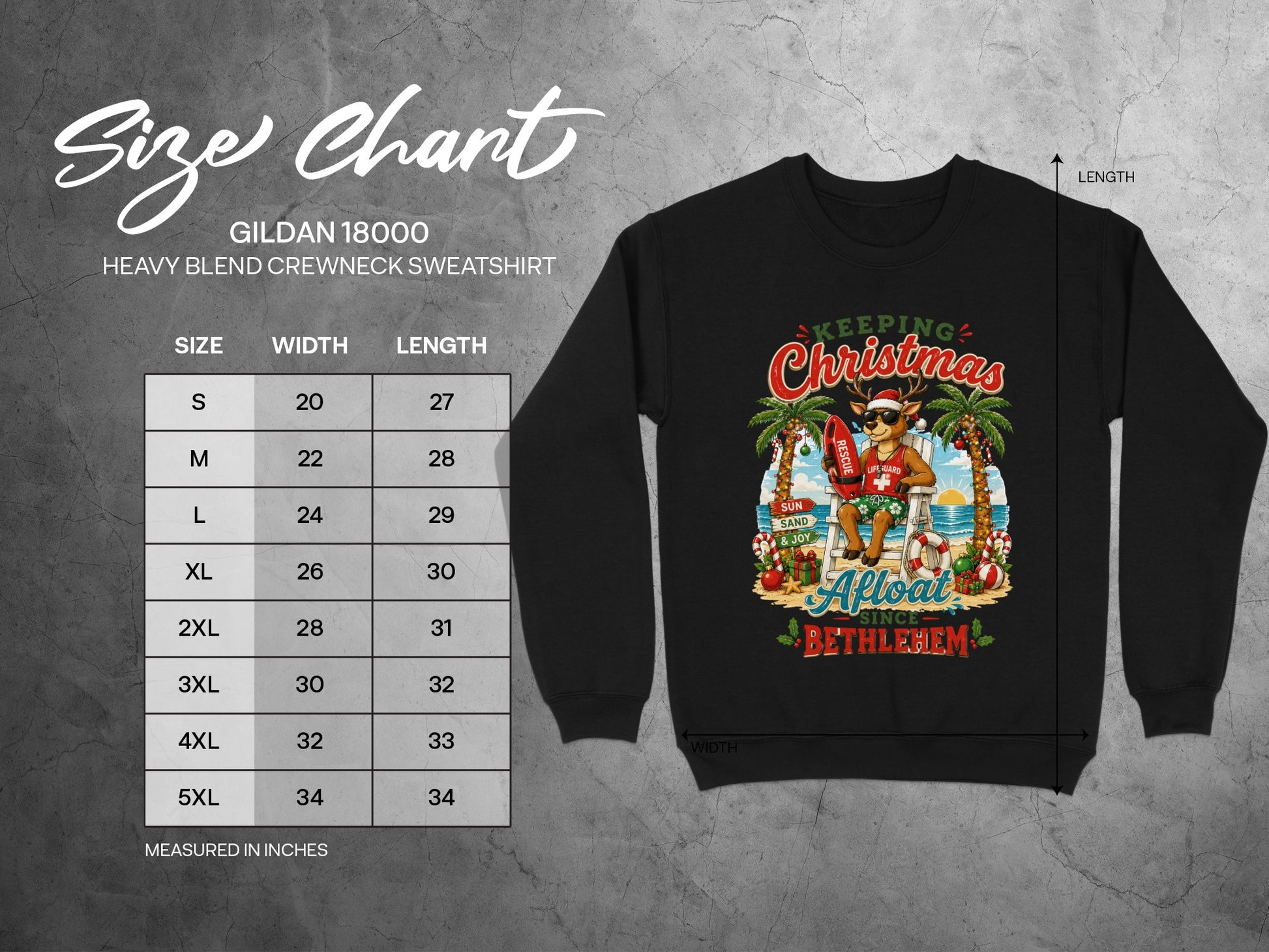 Crewneck sweatshirt with "Keeping Christmas Afloat" graphic and size chart.