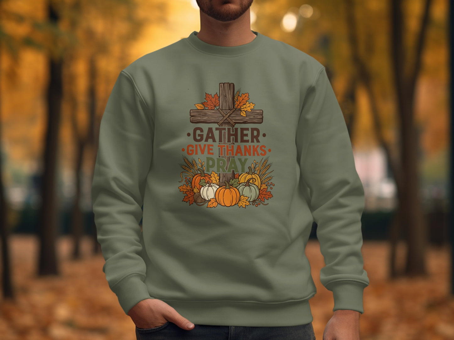 Sweatshirt with Thanksgiving graphics: "Gather, Give Thanks, Pray."
