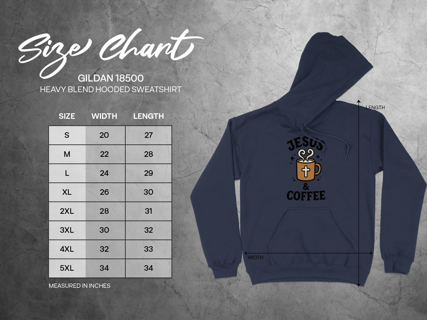 Gildan 18500 size chart with measurements for a hooded sweatshirt.