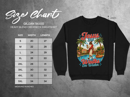 Gildan 18000 sweatshirt size chart with Jesus graphic.