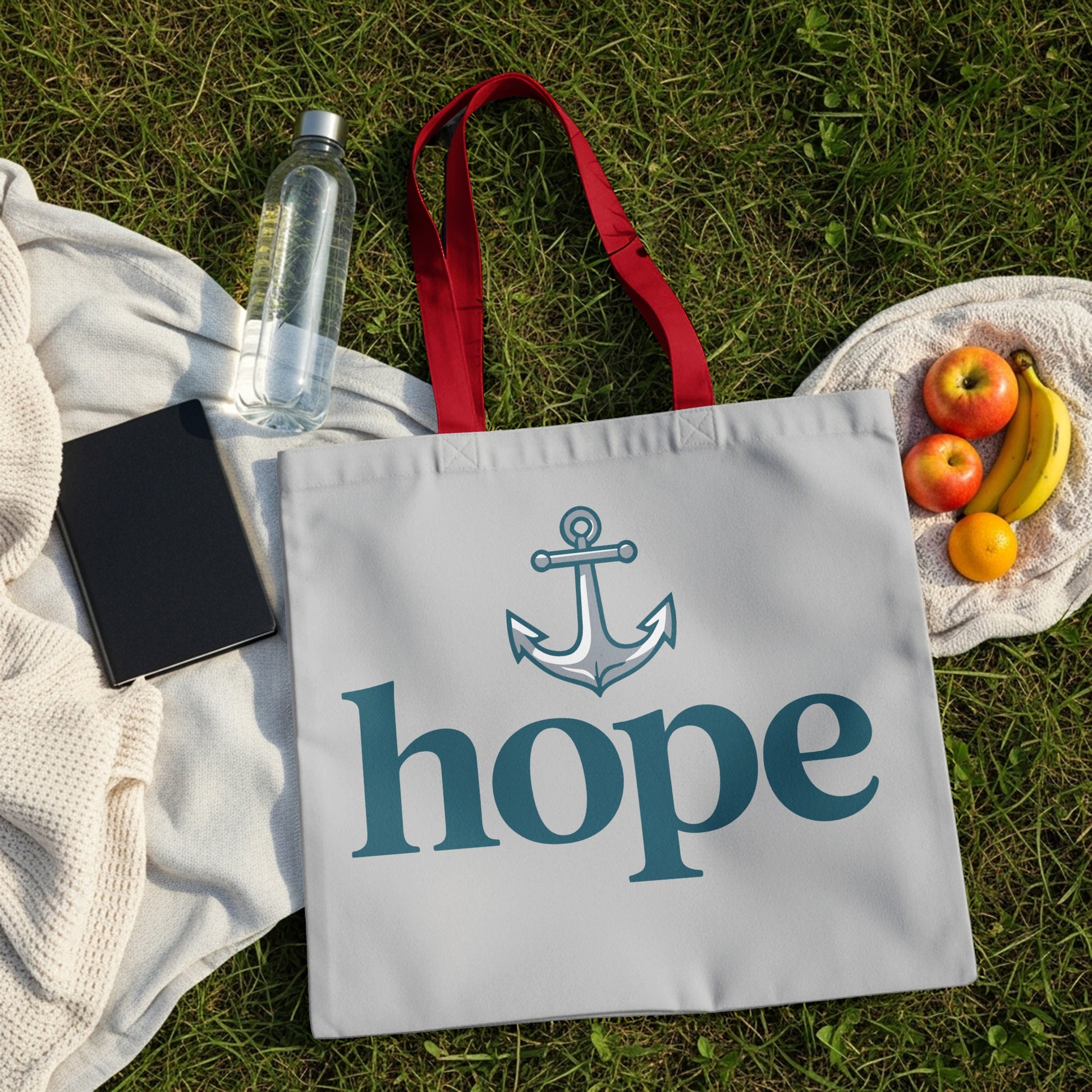 Grey tote bag with anchor and "hope" text, with picnic items.