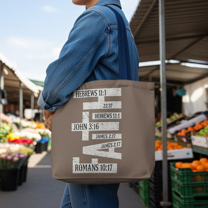 Tote bag with biblical verses and scripture references, including Hebrews 11:1 and John 3:16.