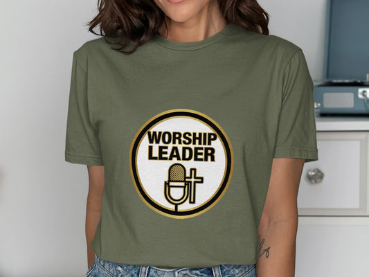 Olive green t-shirt with "Worship Leader" text and microphone graphic.
