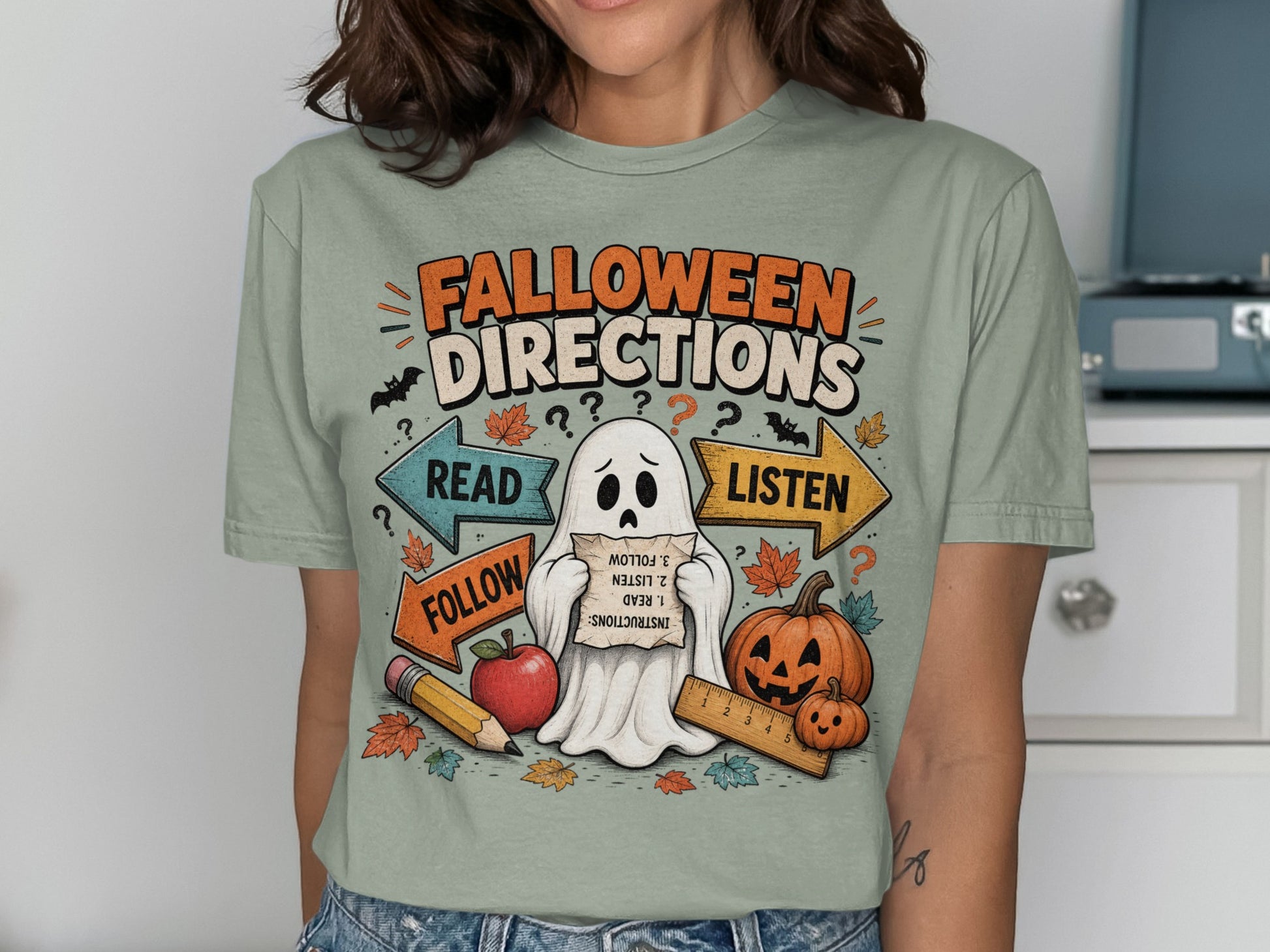 Ghost with "Falloween Directions" text, arrows, pumpkins, apple, and pencil.
