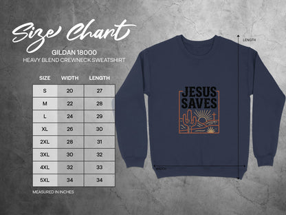 Size chart for Gildan 18000 sweatshirt with "Jesus Saves" graphic.