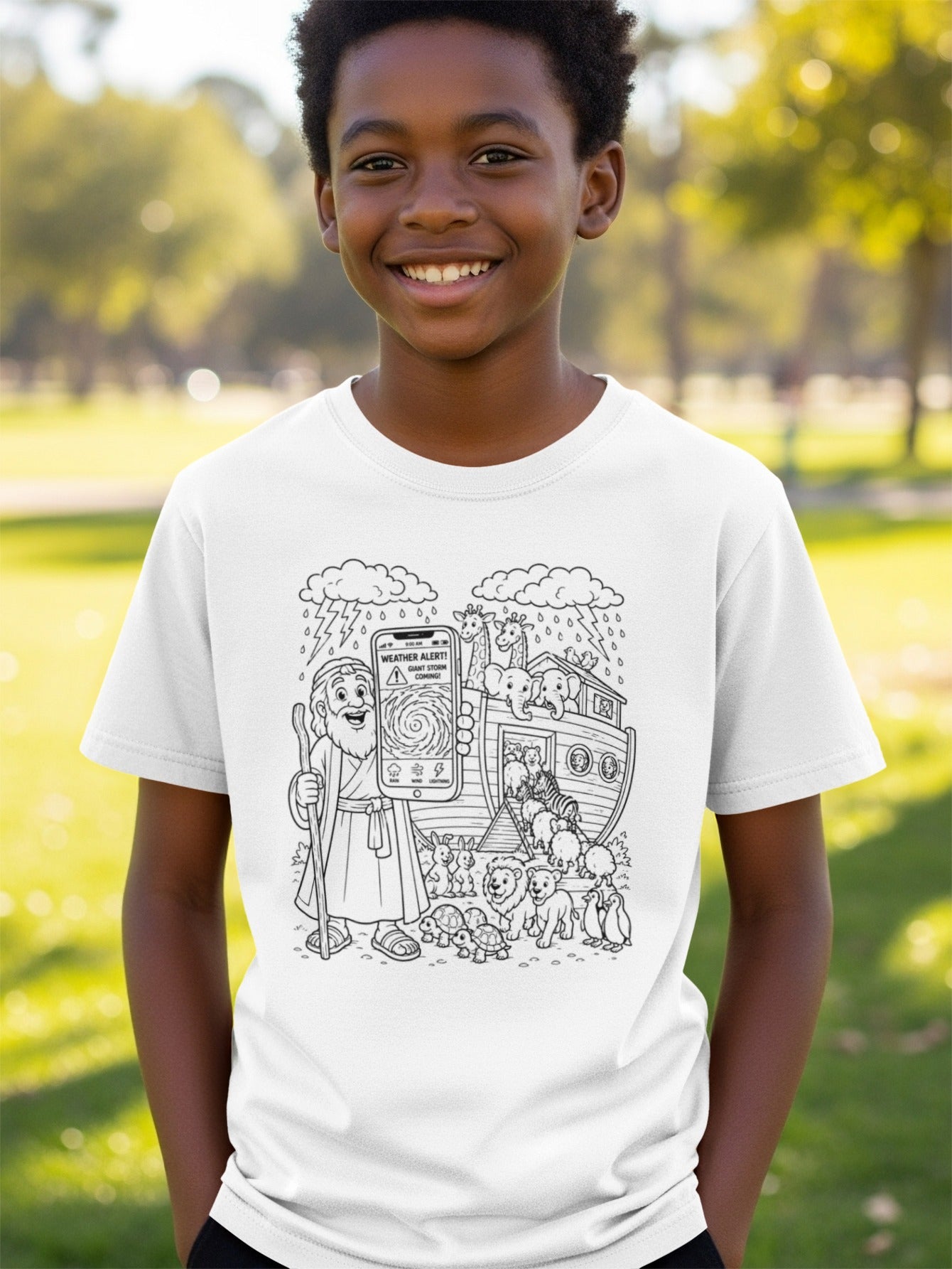 Boy in white t-shirt with Noah's Ark and animals coloring design.