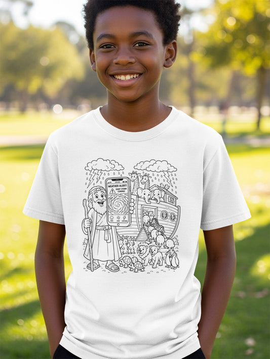 Boy in white t-shirt with Noah's Ark and animals coloring design.