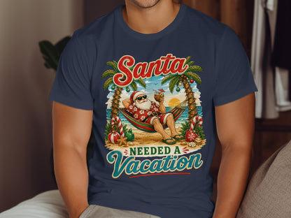 Santa relaxing in a hammock on the beach with "Needed A Vacation" text.