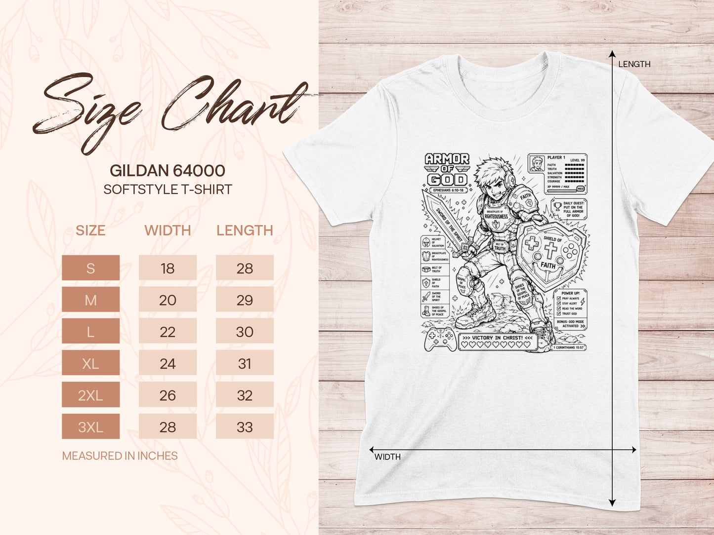 Gildan 64000 t-shirt size chart with Armor of God graphic.