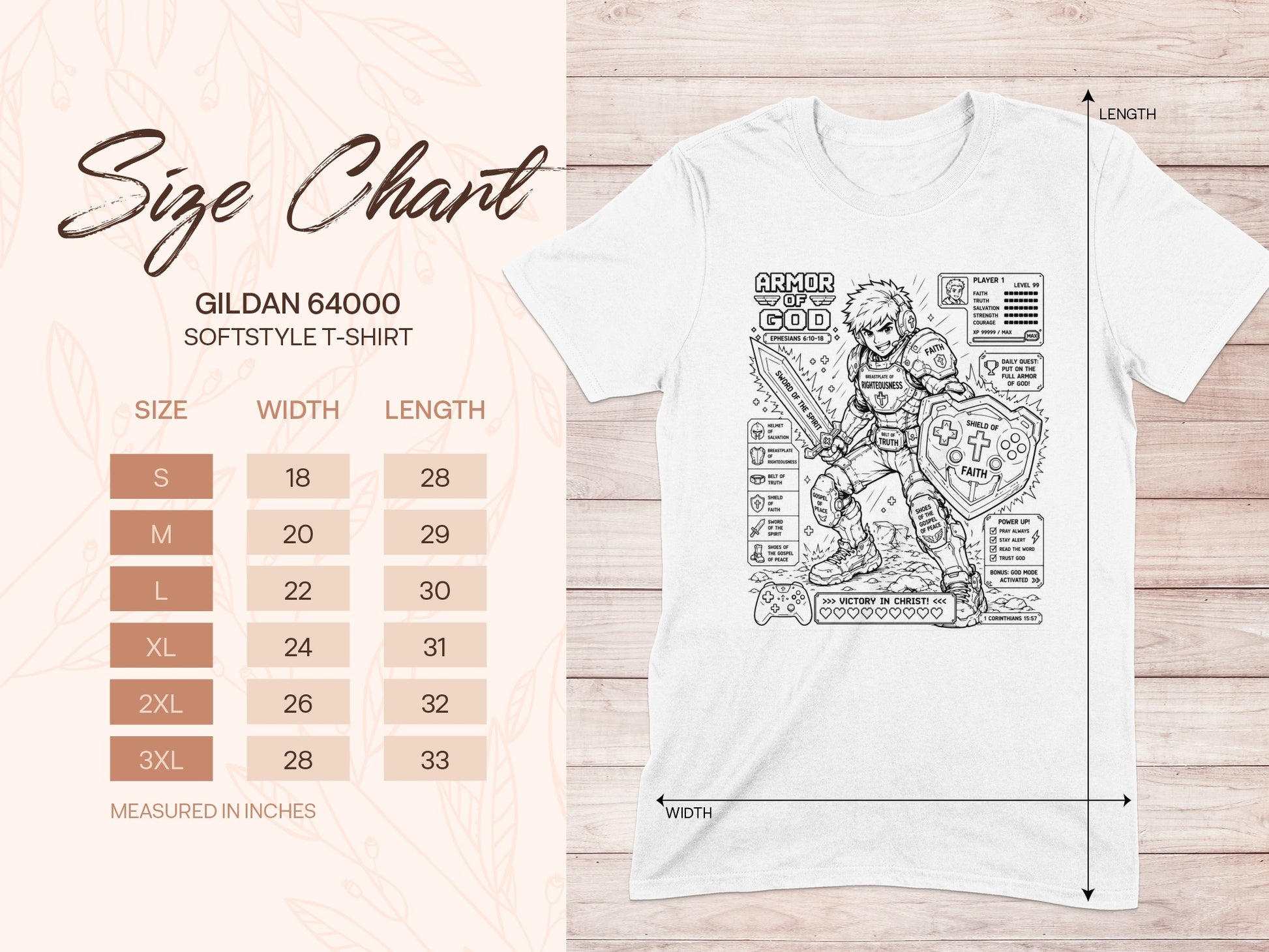 Gildan 64000 t-shirt size chart with Armor of God graphic.