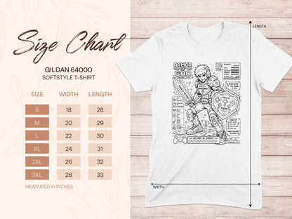 Gildan 64000 t-shirt size chart with Armor of God graphic.