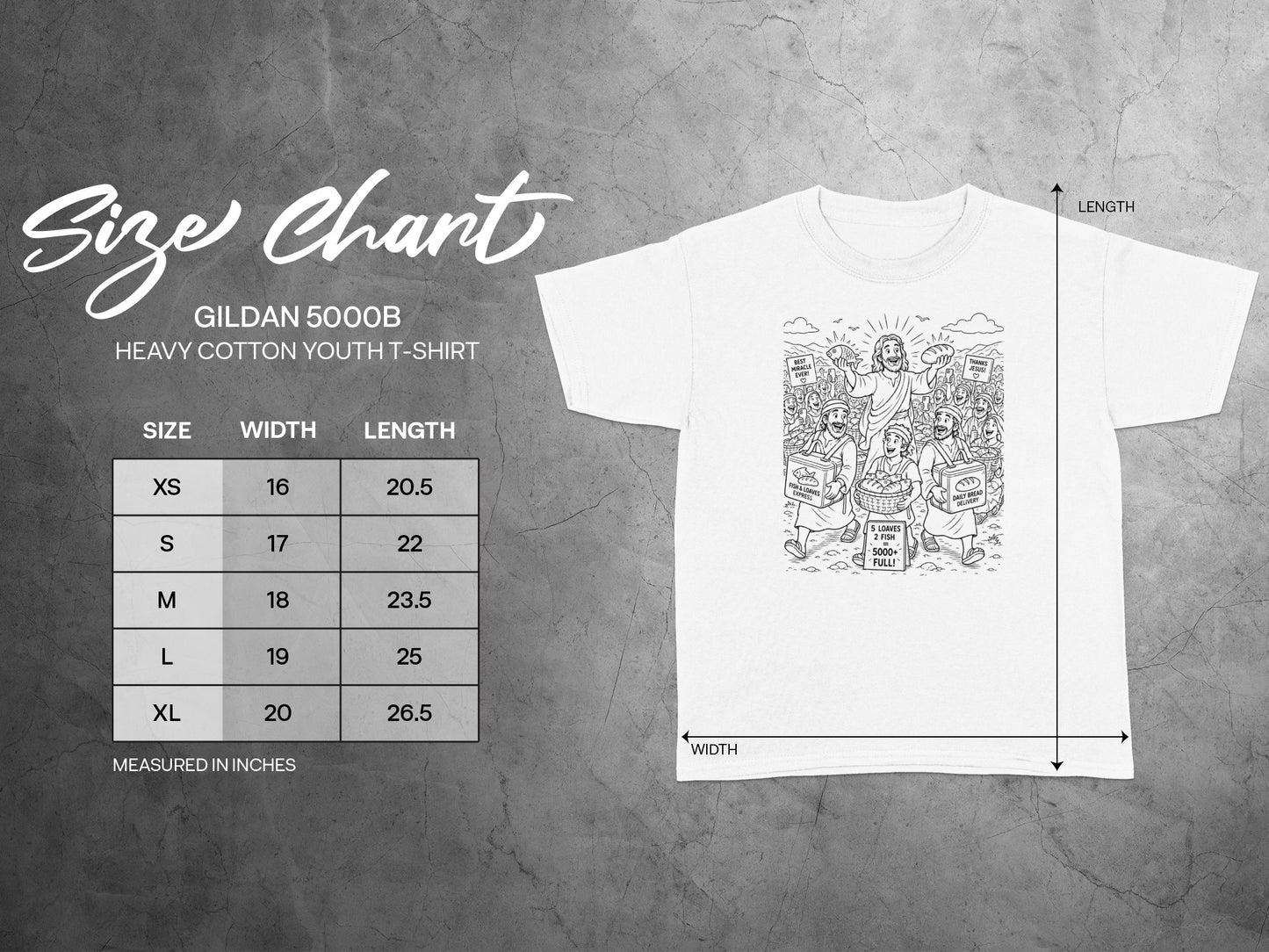 Gildan 5000B youth t-shirt size chart with measurements in inches.