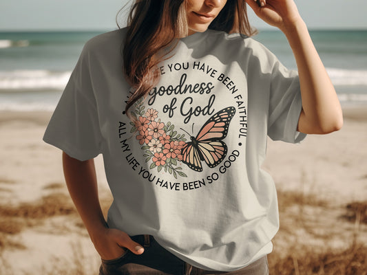 Light grey t-shirt with butterfly, flowers, and inspirational text.