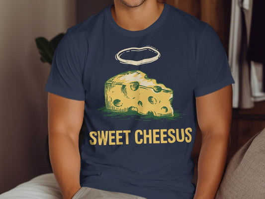 Navy t-shirt with "Sweet Cheesus" and a haloed cheese wedge design.