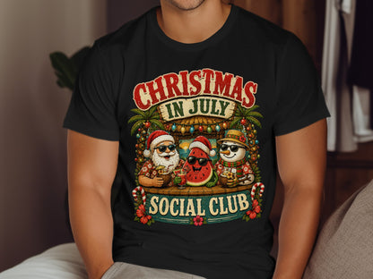 Christmas in July Social Club graphic on a black t-shirt.