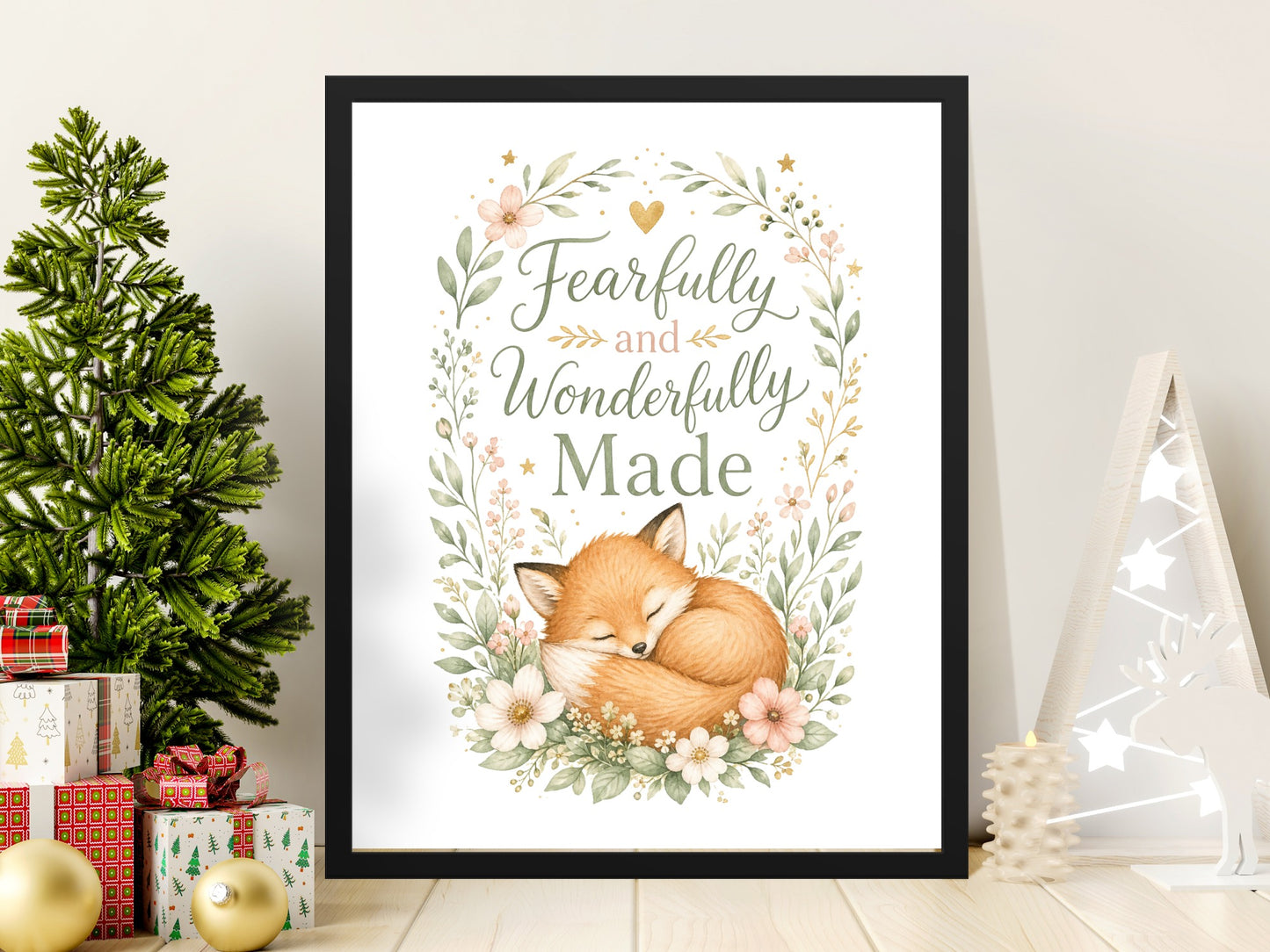 Framed artwork with watercolor fox, floral wreath, and text "Fearfully and Wonderfully Made."