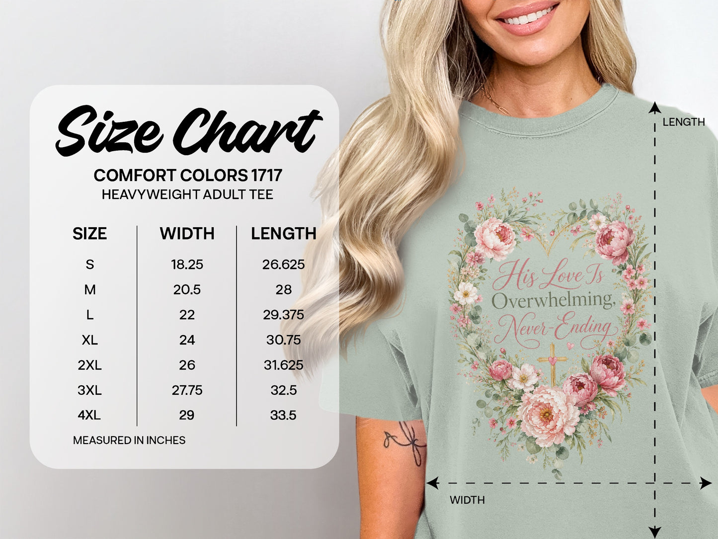 Comfort Colors 1717 heavyweight adult tee size chart with floral heart graphic.