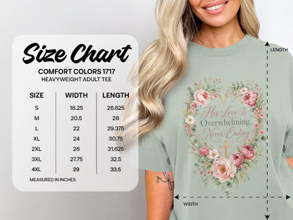 Comfort Colors 1717 heavyweight adult tee size chart with floral heart graphic.