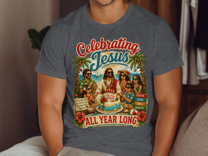 T-shirt with "Celebrating Jesus" and birthday cake graphic with palm trees and beach scene.