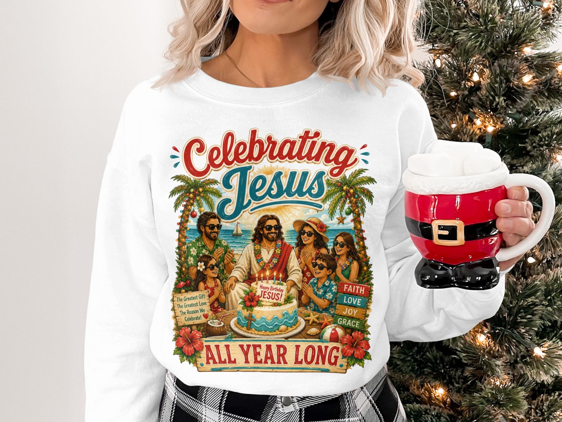 Sweatshirt with "Celebrating Jesus" graphic and biblical birthday scene.