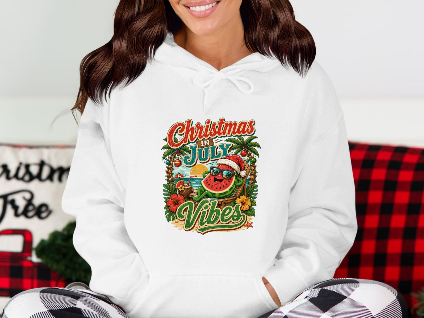 Cartoon watermelon in sunglasses on a beach chair with "Christmas in July Vibes".