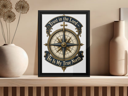 Framed artwork with compass, cross, and text "Trust in the Lord - He Is My True North".