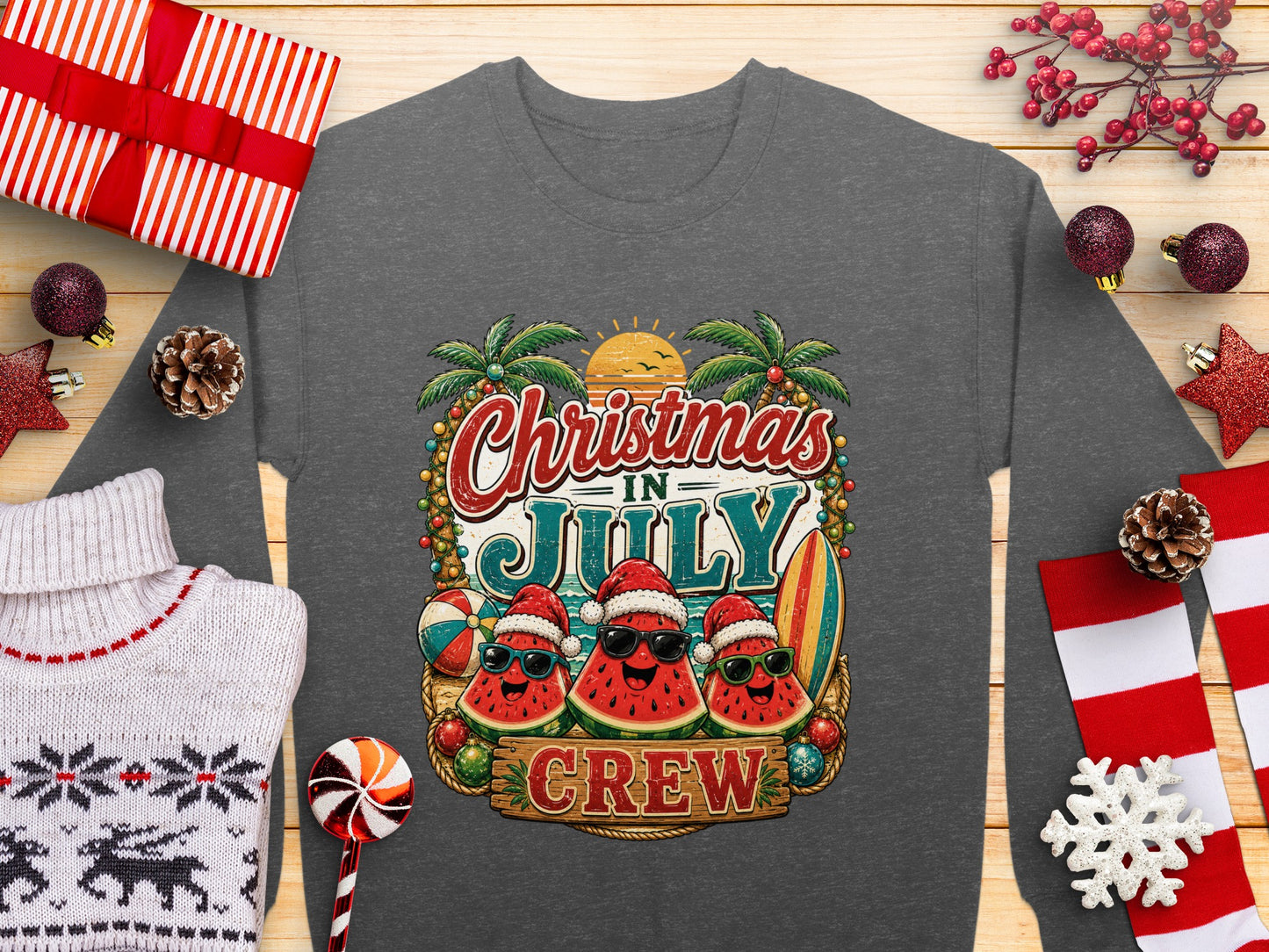 Christmas in July crew graphic with sunglasses-wearing watermelons on a beach.