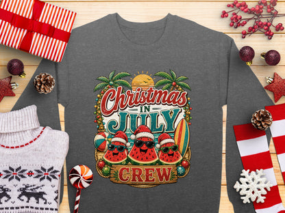 Christmas in July crew graphic with sunglasses-wearing watermelons on a beach.