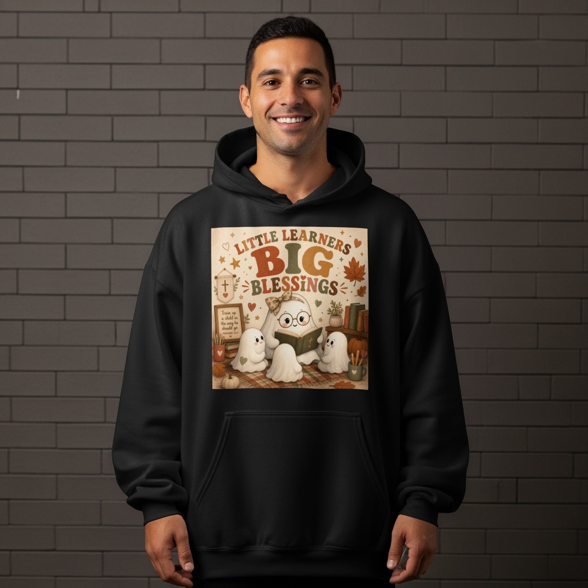 "Little Learners Big Blessings" text with ghosts reading a book and a verse from Proverbs.