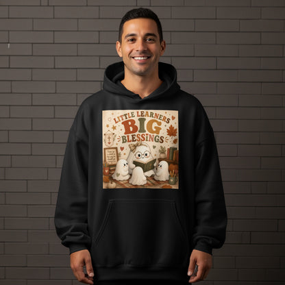 "Little Learners Big Blessings" text with ghosts reading a book and a verse from Proverbs.