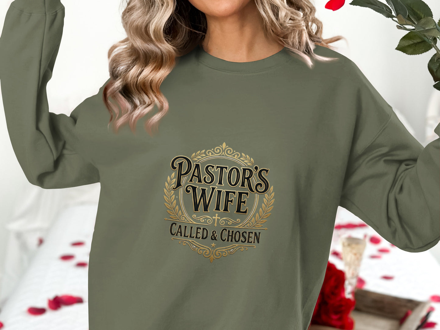 Olive sweatshirt with "Pastor's Wife Called & Chosen" text and ornate gold border.