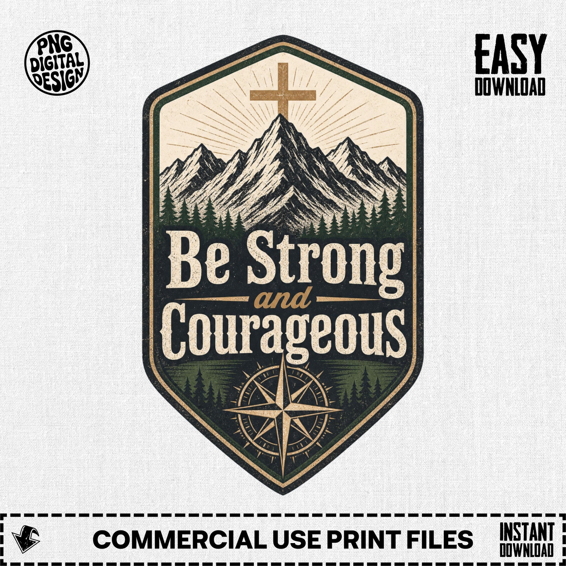 Mountains, cross, and compass with the text "Be Strong and Courageous".