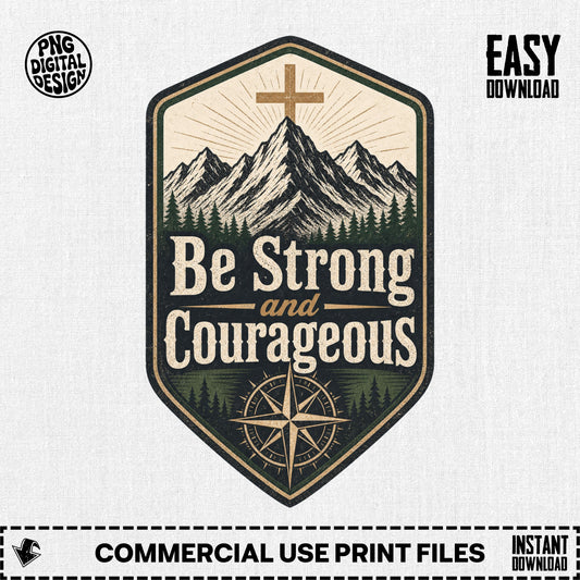 Mountains, cross, and compass with the text "Be Strong and Courageous".