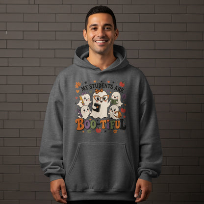 Gray hoodie with "My Students Are Boo-Tiful" text and cute ghosts.