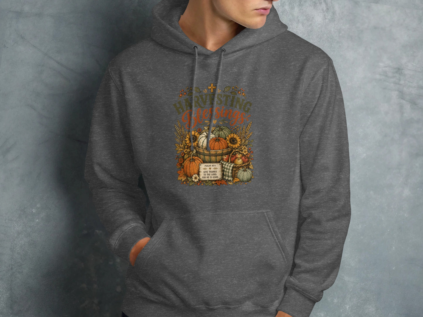 Dark gray hoodie with fall harvest graphic and Bible verse.