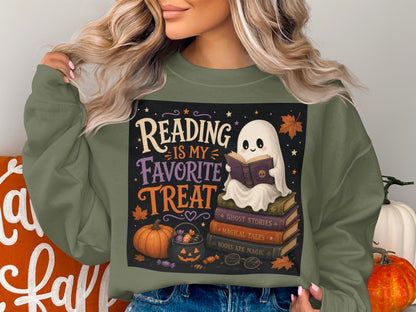 Ghost reading on books with text "Reading is my favorite treat".
