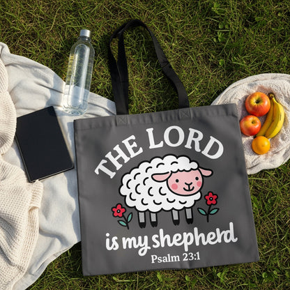 Dark gray tote bag with a sheep graphic and "The Lord is my shepherd Psalm 23:1" text.