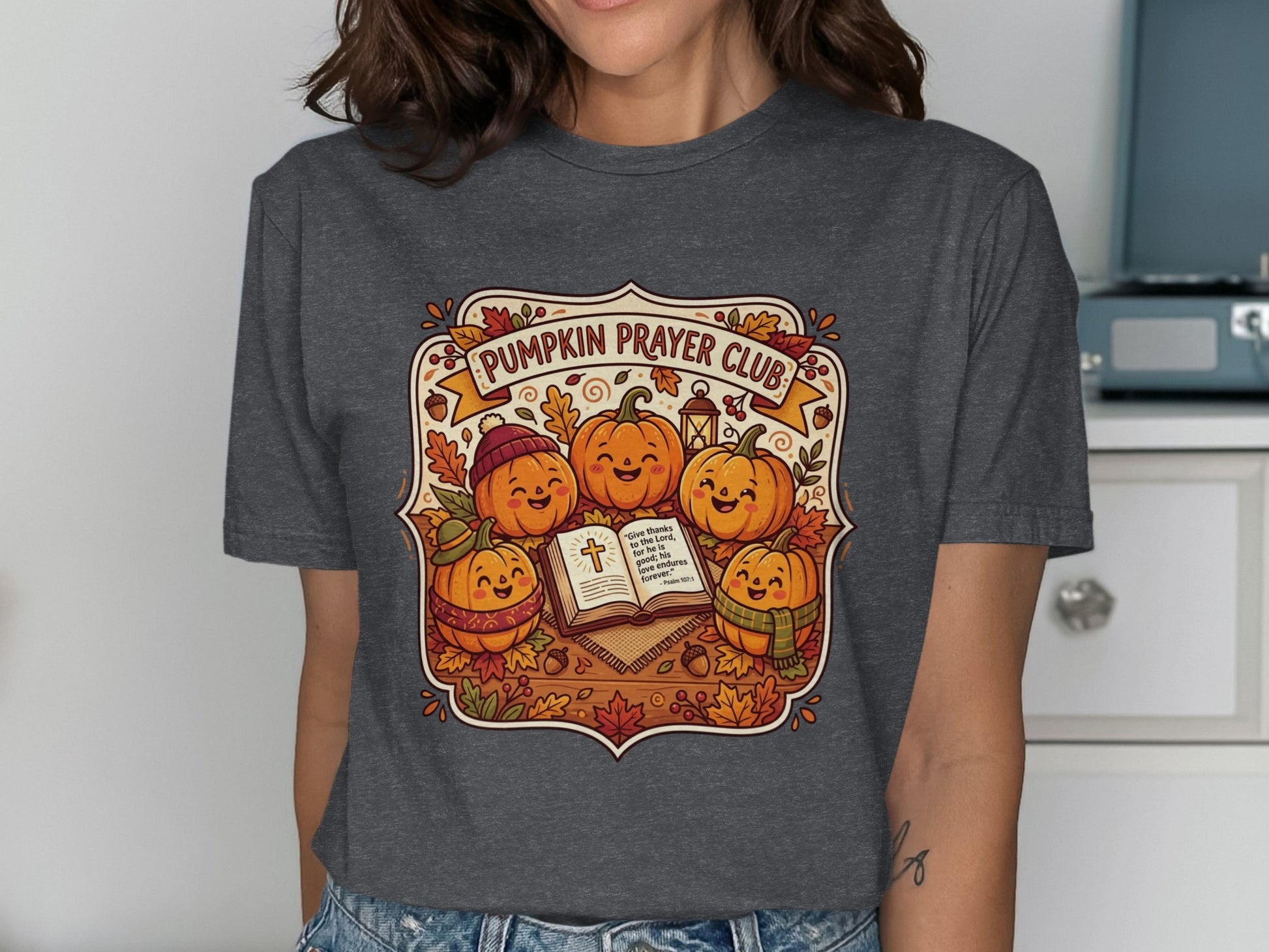 Pumpkin Prayer Club graphic with smiling pumpkins, open book, and Bible verse.