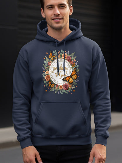 Navy hoodie with "Goodness of God" text and floral butterfly graphic.