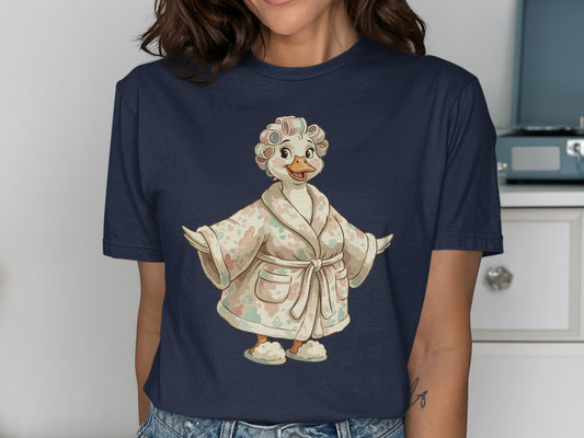 Cartoon duck wearing a robe and curlers, standing.
