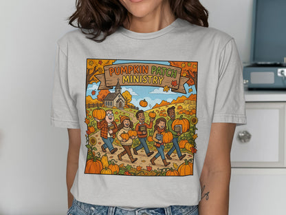 Pumpkin Patch Ministry text on t-shirt with cartoon people holding pumpkins.