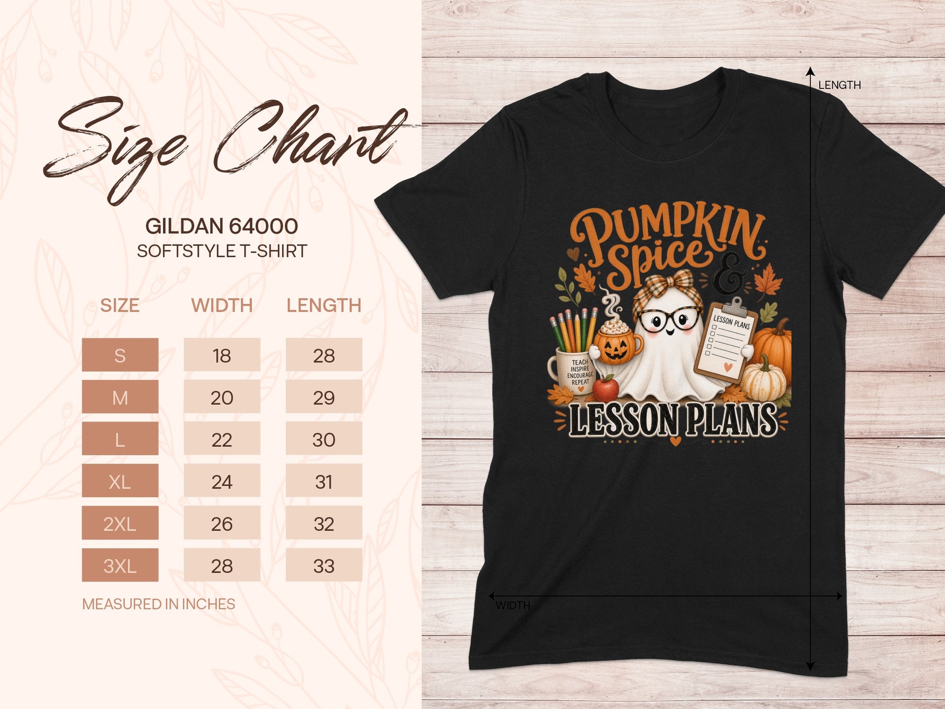 Black t-shirt with "Pumpkin Spice & Lesson Plans" graphic and size chart.