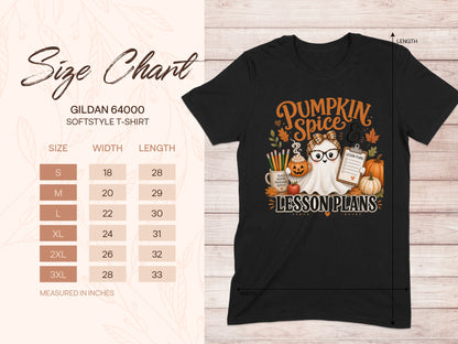 Black t-shirt with "Pumpkin Spice & Lesson Plans" graphic and size chart.