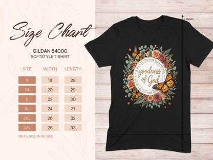 Gildan 64000 size chart with t-shirt design featuring butterflies and floral wreath.