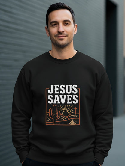 Black sweatshirt with "Jesus Saves" and desert sunset graphic.