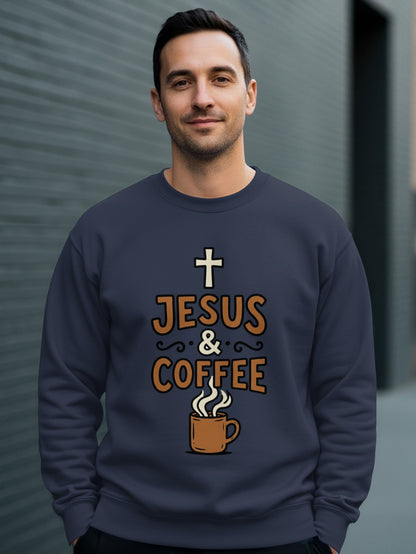 Navy sweatshirt with "Jesus & Coffee" graphic and a cross.